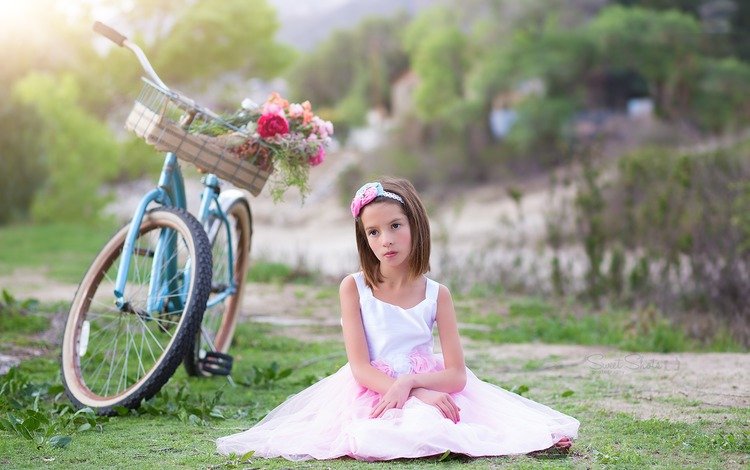 цветы, фото, платье, дети, девочка, сидит, велосипед, flowers, photo, dress, children, girl, sitting, bike