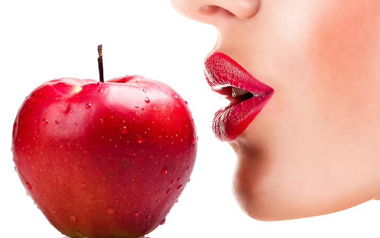 девушка, красные, губы, лицо, белый фон, яблоко, красное, girl, red, lips, face, white background, apple