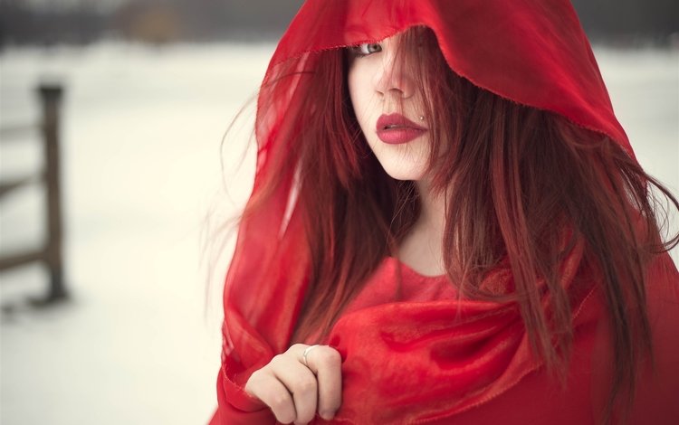 девушка, красная, рыжая, плащ, ткань, лицо, капюшон, girl, red, cloak, fabric, face, hood