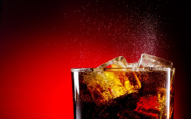 напиток, лёд, пузырьки, красный фон, кока-кола, drink, ice, bubbles, red background, coca-cola