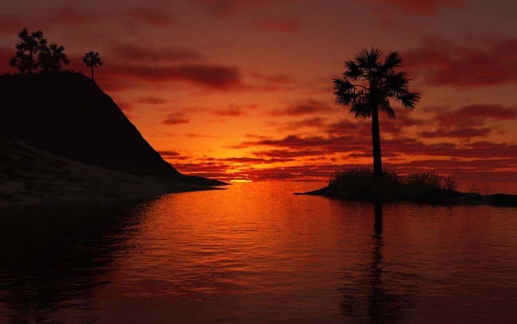 озеро, закат, пейзаж, пальма, 3д, lake, sunset, landscape, palma, 3d