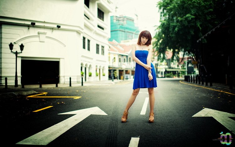девушка, поза, взгляд, улица, лицо, азиатка, pinkiee hwang, синие платье, girl, pose, look, street, face, asian, blue dress