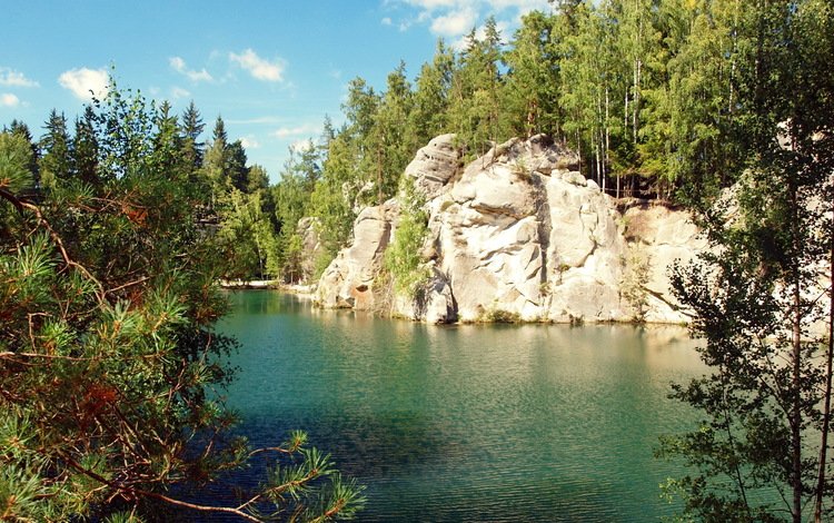 деревья, вода, озеро, скалы, лес, чехия, карловы вары, trees, water, lake, rocks, forest, czech republic, karlovy vary