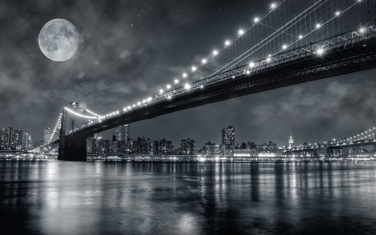 ночь, огни, город, сша, нью-йорк, манхэттен, бруклинский мост, ист-ривер, night, lights, the city, usa, new york, manhattan, brooklyn bridge, east river