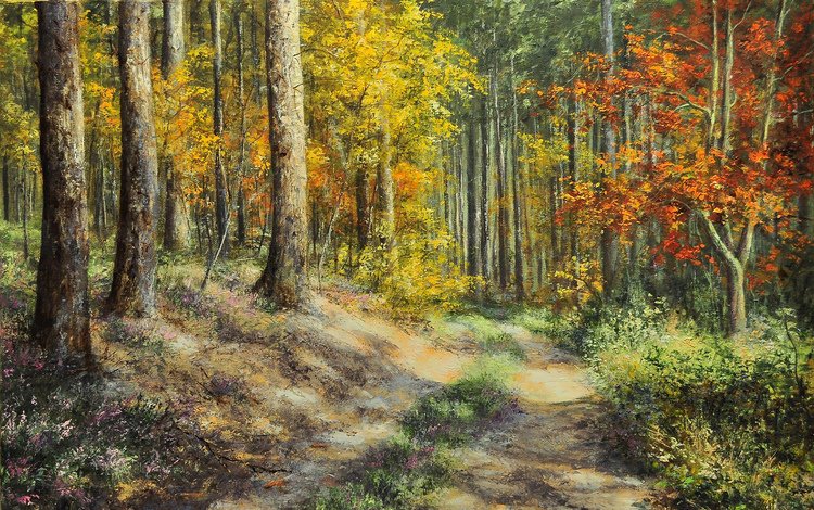 арт, лес, пейзаж, осень, живопись, malgorzata rawicka, art, forest, landscape, autumn, painting