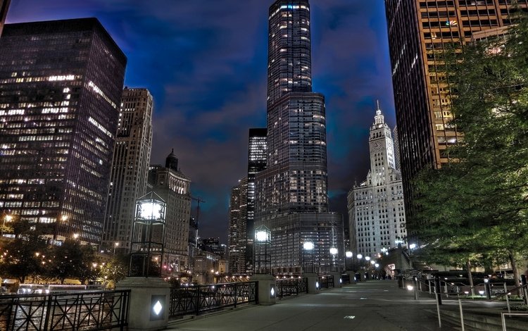 ночь, фонари, огни, небоскребы, мегаполис, набережная, сша, иллинойс, чикаго, chicago, night, lights, skyscrapers, megapolis, promenade, usa, il