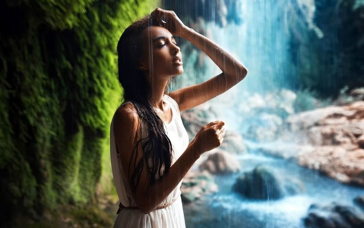 девушка, платье, водопад, girl, dress, waterfall