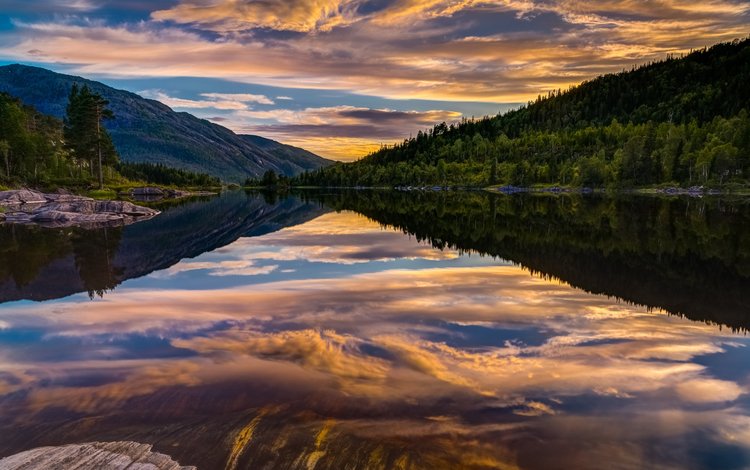 небо, облака, река, горы, природа, лес, закат, отражение, the sky, clouds, river, mountains, nature, forest, sunset, reflection