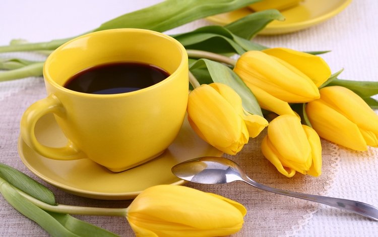 цветы, кофе, тюльпаны, чашка, завтрак, жёлтая, кубок, тульпаны,  цветы, flowers, coffee, tulips, cup, breakfast, yellow
