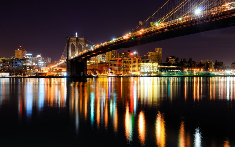 ночь, река гудзон, огни, отражение, зеркало, сша, нью-йорк, бруклинский мост, бруклин, night, the hudson river, lights, reflection, mirror, usa, new york, brooklyn bridge, brooklyn