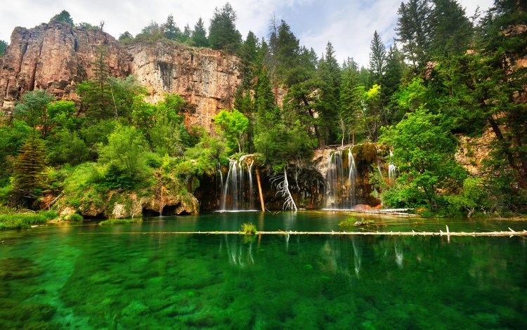 деревья, озеро, скалы, пейзаж, водопад, trees, lake, rocks, landscape, waterfall
