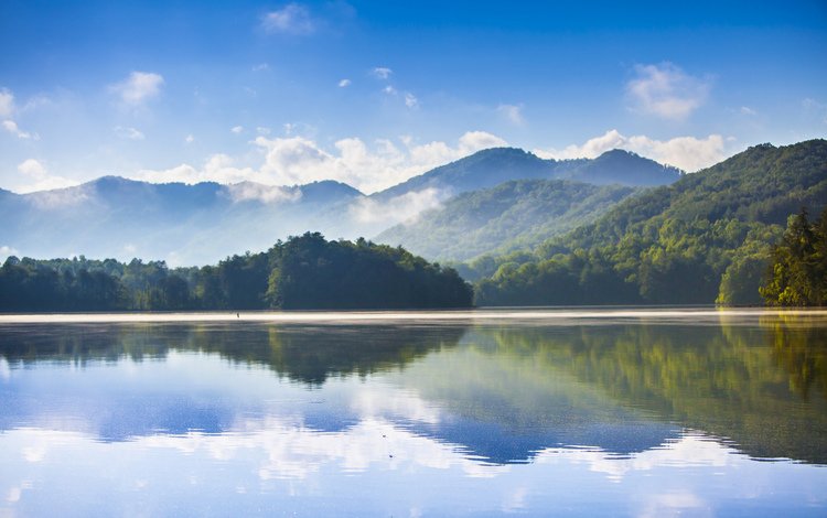 озеро, горы, лес, отражение, утро, lake, mountains, forest, reflection, morning