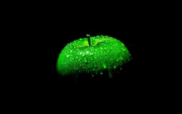 капли, черный фон, яблоко, зеленое, капли воды, м, drops, black background, apple, green, water drops, m