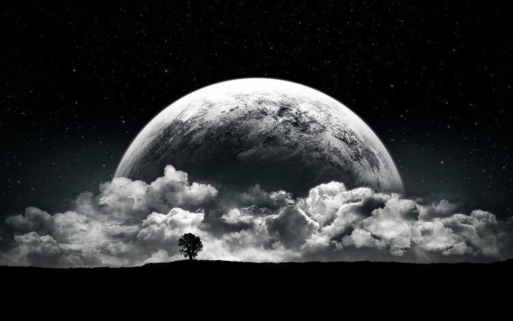 облака, ночь, дерево, планета, фэнтези, clouds, night, tree, planet, fantasy