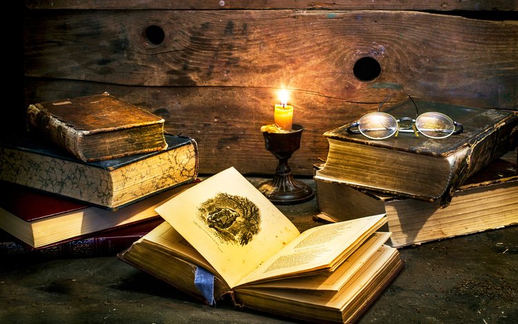 очки, книги, свеча, книга, страницы, чтение, by candle light, glasses, books, candle, book, page, reading