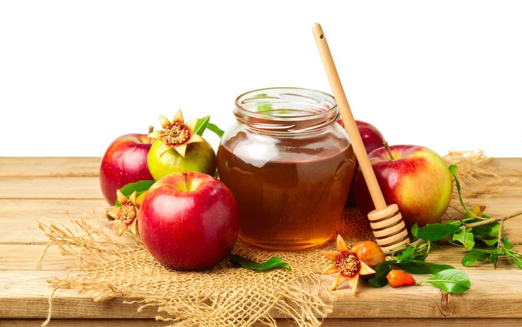 яблоки, листики, мед, яблок, гранат, веточки,  листья, pomegranates, деревянная поверхность, apples, leaves, honey, garnet, twigs, wooden surface