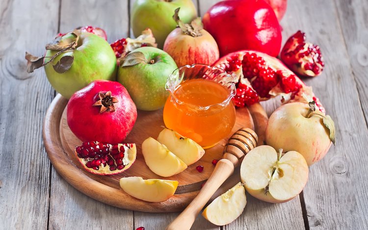 яблоки, зерна, дольки, мед, гранат, сухие листья, apples, grain, slices, honey, garnet, dry leaves