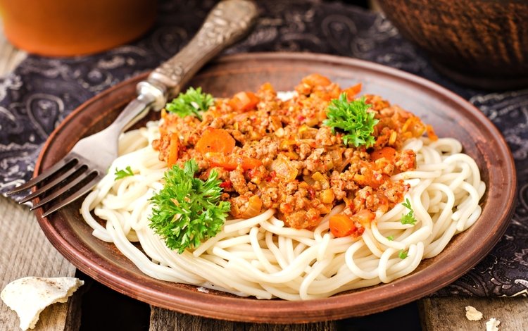 вилка, тарелка, спагетти, соус, петрушка, паста, plug, plate, spaghetti, sauce, parsley, pasta