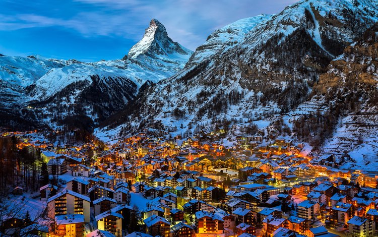 огни, снег, зима, пейзаж, швейцария, альпы, деревня церматт, lights, snow, winter, landscape, switzerland, alps, the village of zermatt