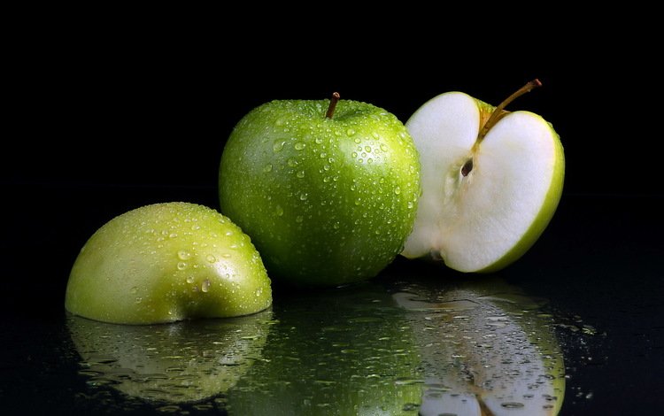 макро, плоды, половинки, отражение, фон, капли, фрукты, яблоки, зеленые, черный фон, macro, halves, reflection, background, drops, fruit, apples, green, black background