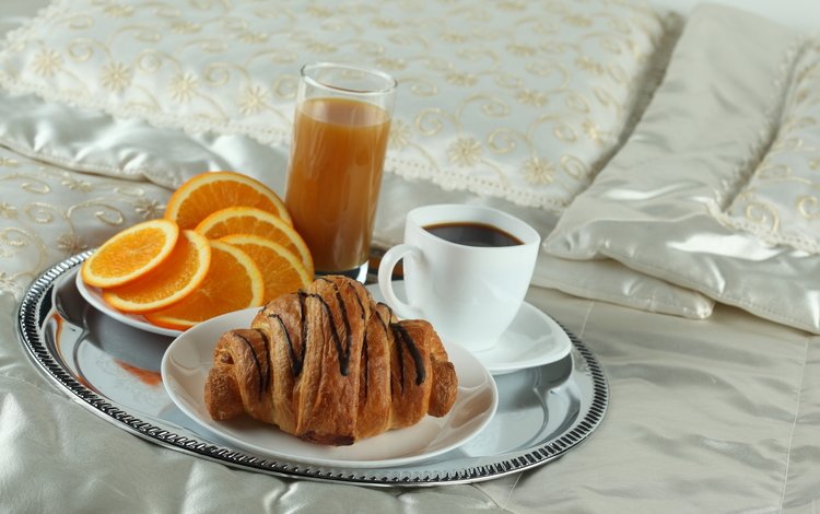 кофе, апельсин, завтрак, постель, поднос, круассан, сок, coffee, orange, breakfast, bed, tray, croissant, juice