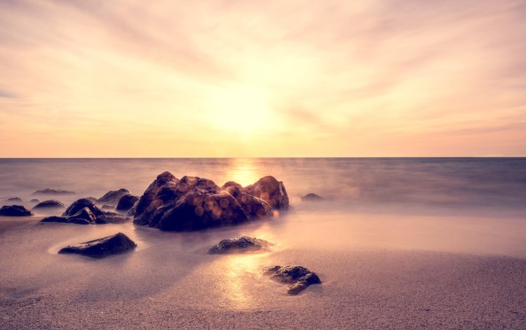 камни, закат, море, песок, stones, sunset, sea, sand