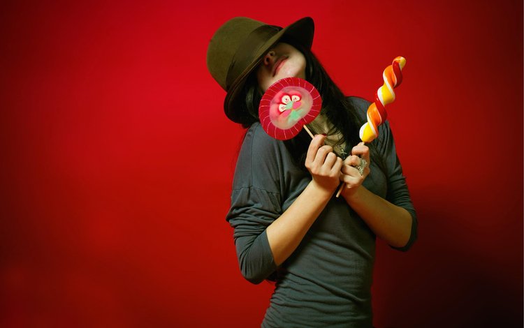 девушка, фон, конфеты, красный, шляпа, girl, background, candy, red, hat