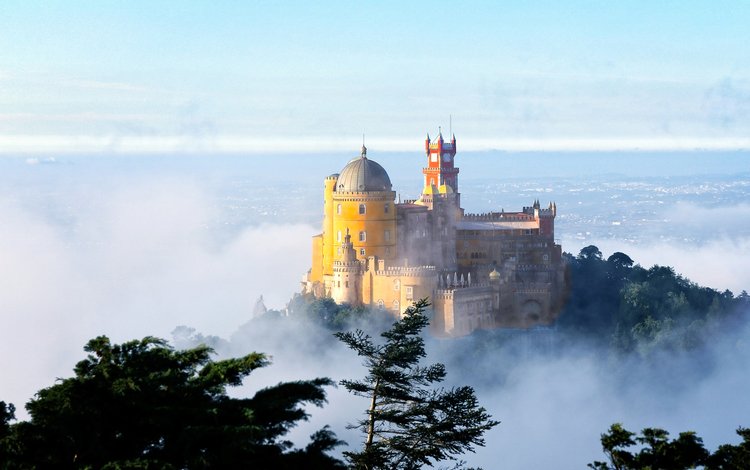 деревья, утро, туман, замок, дворец, португалия, долина, пена, trees, morning, fog, castle, palace, portugal, valley, foam