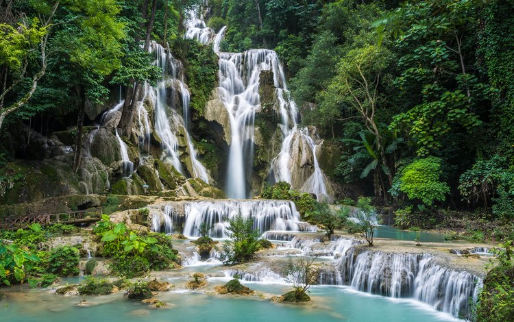 деревья, скалы, природа, лес, водопад, лаос, kuang si waterfall, trees, rocks, nature, forest, waterfall, laos