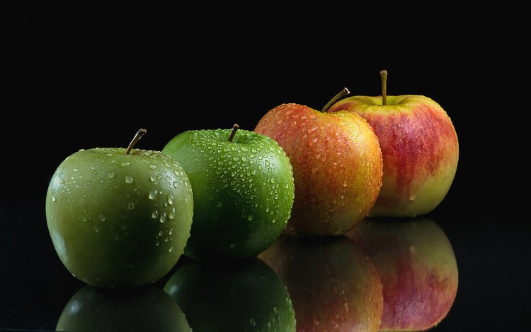 вода, капли, фрукты, яблоки, черный фон, water, drops, fruit, apples, black background