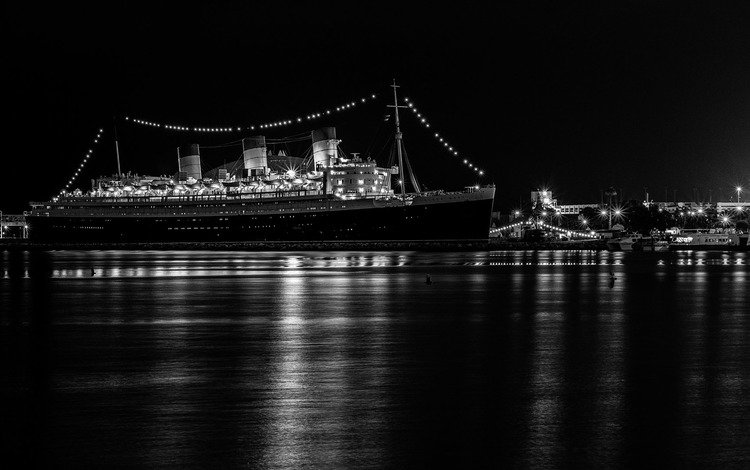 вечер, порт, лайнер, queen mary 2, круизный, the evening, port, liner, cruise