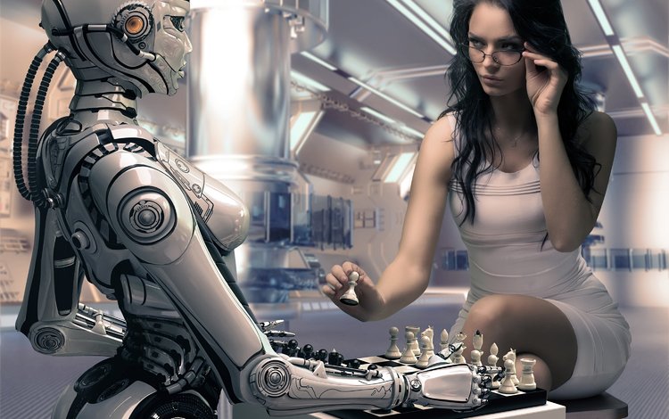 девушка, шахматы, робот, рендеринг, игра, girl, chess, robot, rendering, the game