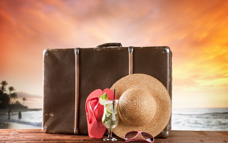 закат, пляж, путешествия, шляпа, чемодан, каникулы, летнее, sunset, beach, travel, hat, suitcase, vacation, summer