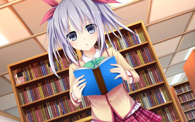 арт, девушка, взгляд, удивление, библиотека, книга, shirakawa hotaru, otonari koi sensou!, art, girl, look, surprise, library, book