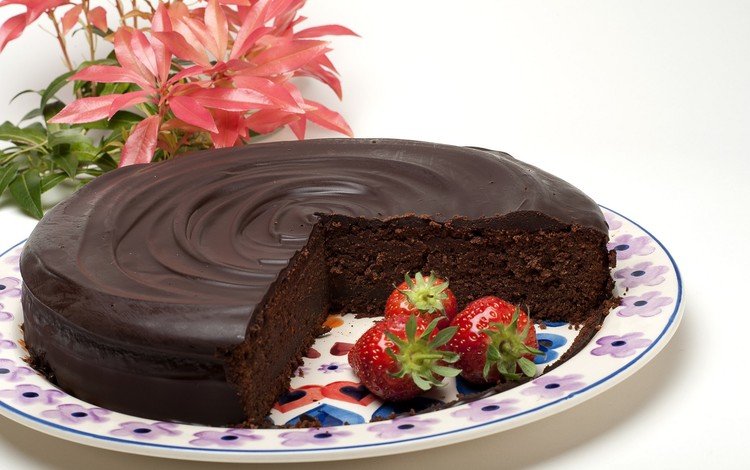 листья, клубника, торт, шоколадный торт, leaves, strawberry, cake, chocolate cake
