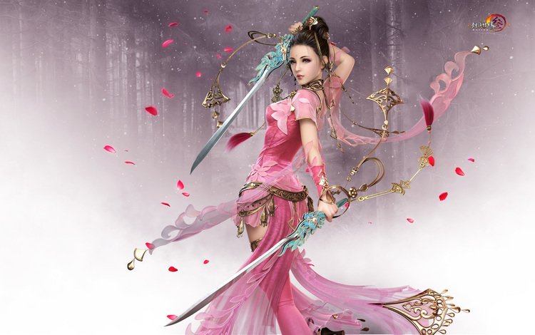 лес, девушка, поза, лепестки, взгляд, розовый, мечи, jx online, forest, girl, pose, petals, look, pink, swords