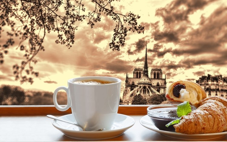 кофе, нотр-дам, париж, джем, завтрак, кубок, круасан, круассан, франци, кафедральный, cathedral, coffee, notre dame, paris, jam, breakfast, cup, croissant, france