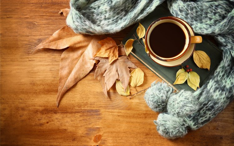 листья, осень, кофе, чашка, шарф, leaves, autumn, coffee, cup, scarf