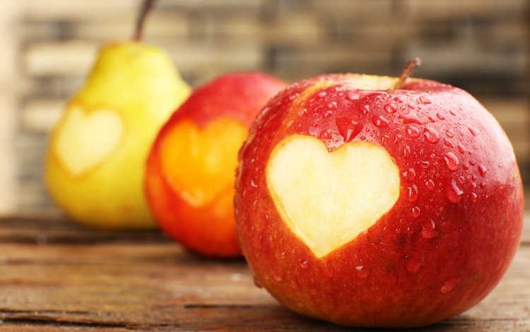 капли, сердечко, фрукты, яблоки, сердце, груши, drops, heart, fruit, apples, pear