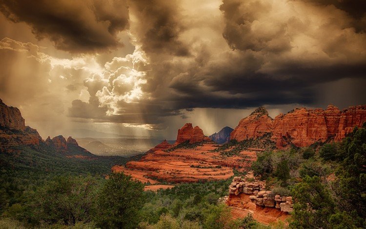 небо, свет, облака, деревья, скалы, каньон, дождь, the sky, light, clouds, trees, rocks, canyon, rain