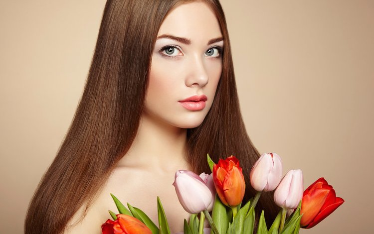 девушка, портрет, взгляд, модель, тюльпаны, шатенка, l, girl, portrait, look, model, tulips, brown hair