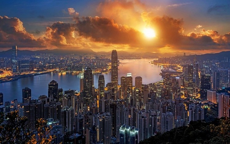 закат, пейзаж, город, небоскребы, гонконг, sunset, landscape, the city, skyscrapers, hong kong