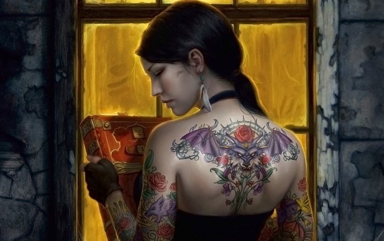 девушка, брюнетка, татуировки, спина, окно, книга, girl, brunette, tattoo, back, window, book