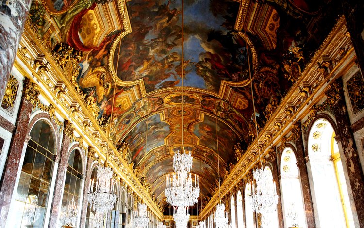 люстра, дворец, окно, франция, фреска, версаль, зеркальная галерея, люстры, chandelier, palace, window, france, mural, versailles, mirror gallery
