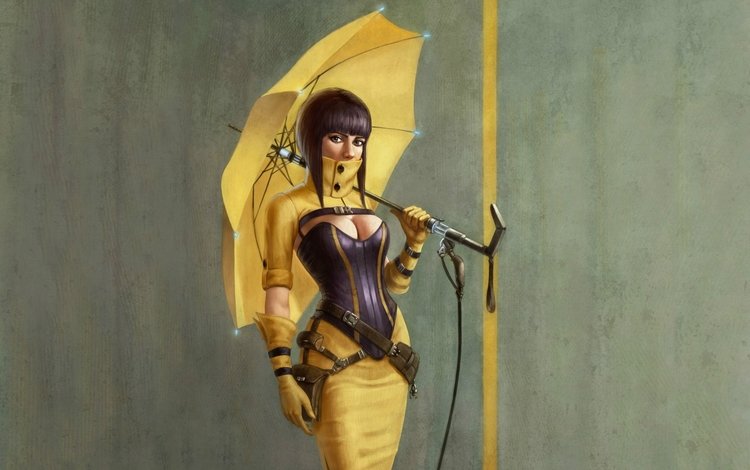 арт, девушка, зонтик, cleavage, boobs, yellow umbrella, сексапильная, art, girl, umbrella, sexy