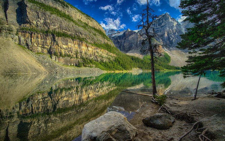 деревья, озеро, горы, камни, отражение, канада, trees, lake, mountains, stones, reflection, canada