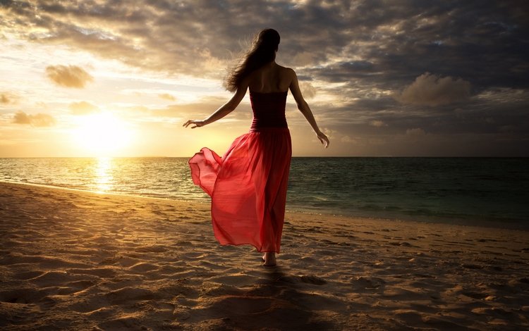 закат, море, платье, песок, пляж, модель, sunset, sea, dress, sand, beach, model
