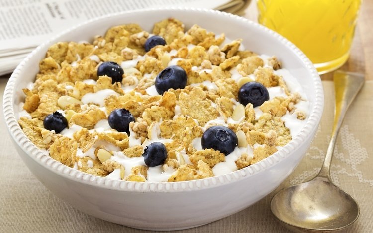 завтрак, молоко, хлопья, голубика, кукурузные, breakfast, milk, cereal, blueberries, corn