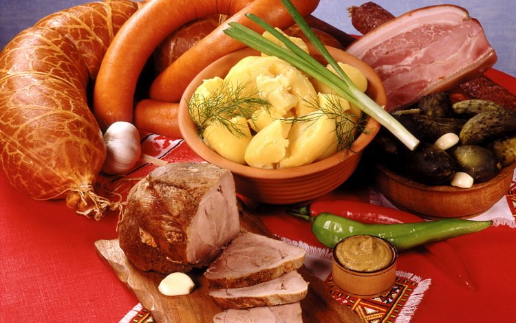 лук, колбаса, картофель, огурцы, мясные продукты, bow, sausage, potatoes, cucumbers, meat products