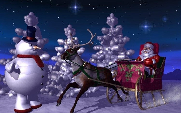 новый год, сани, снеговик, дед мороз, олени, new year, sleigh, snowman, santa claus, deer